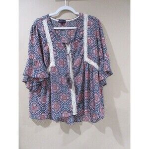 Artesia Peasant Blouse Women XXL Blue/Pink Medallion Print Bell Sleeve Lace Trim